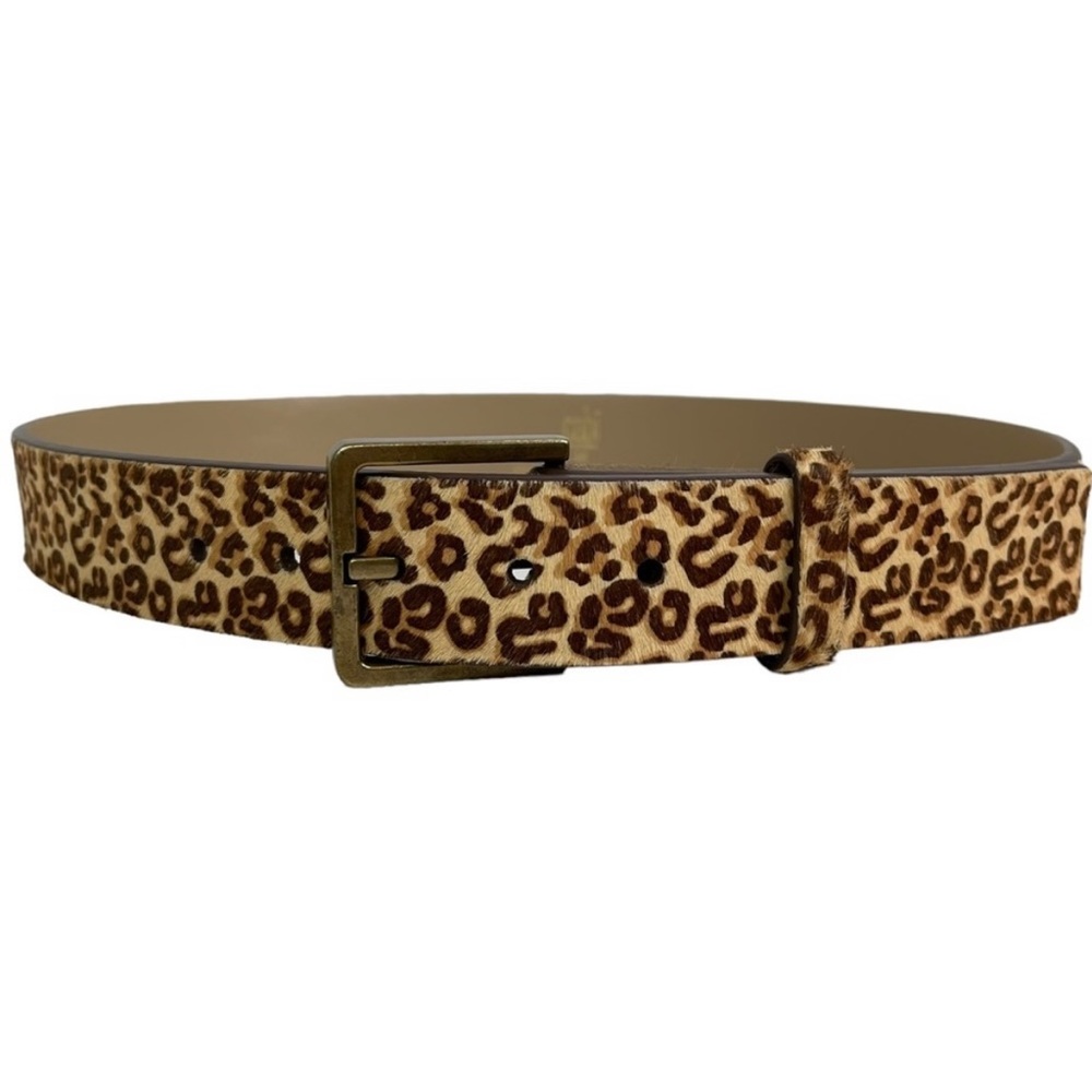 Cabi Kipling Leopard Print Calf Hair Leather Belt Brass Buckle Like New Size M